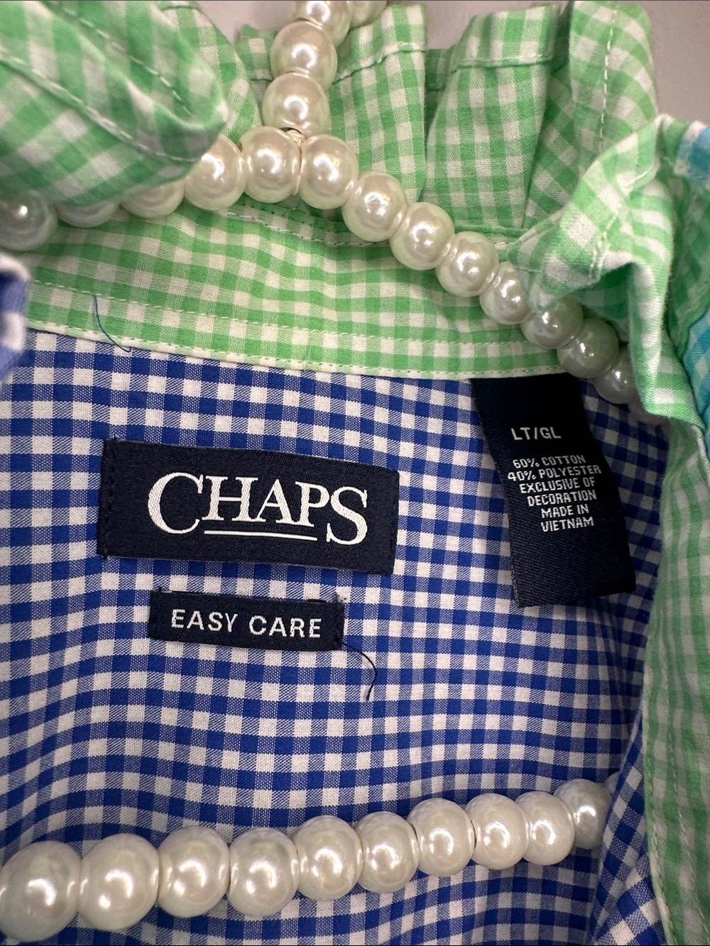 Chaps Colorblock Gingham Ruffled collar Shirt in Blue & Green - Picture 4 of 6